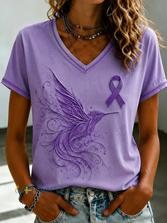 Damsvart Flora-konsttryckt t-shirt med v-ringning - som bild / S
