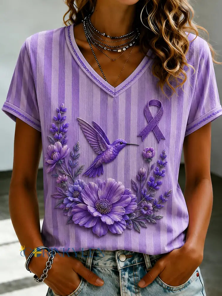 Damsvart Flora-konsttryckt t-shirt med v-ringning - som bild / S
