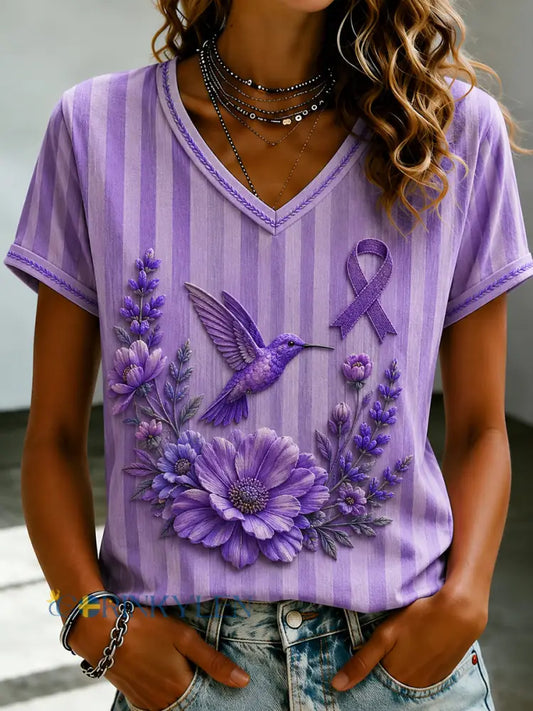 Damsvart Flora-konsttryckt t-shirt med v-ringning - som bild / S
