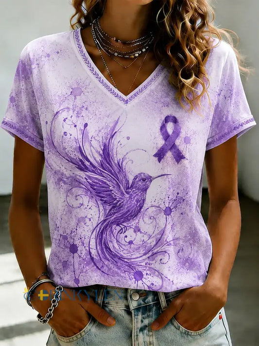 Damsvart Flora-konsttryckt t-shirt med v-ringning - som bild / S