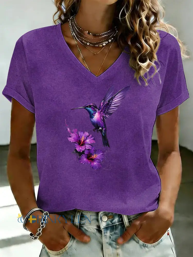 Damsvart Flora-konsttryckt t-shirt med v-ringning - som bild / S