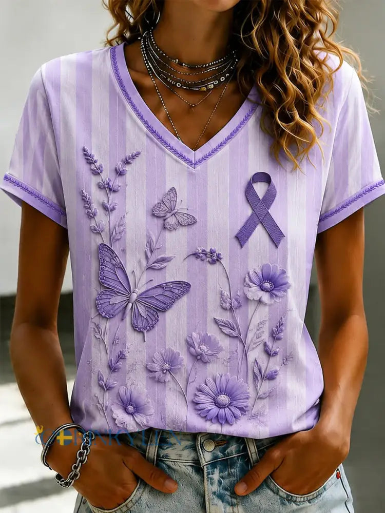 Damsvart Flora-konsttryckt t-shirt med v-ringning - som bild / S