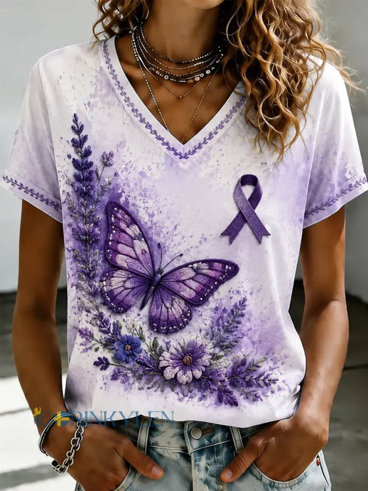 Damsvart Flora-konsttryckt t-shirt med v-ringning - som bild / S