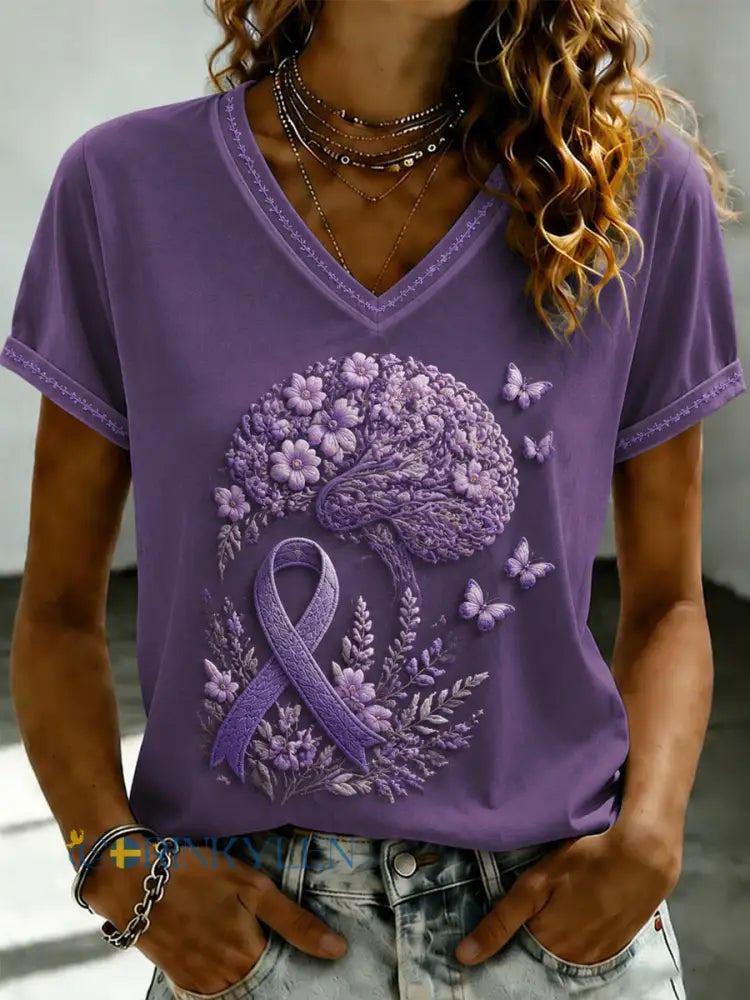 Damsvart Flora-konsttryckt t-shirt med v-ringning - som bild / S