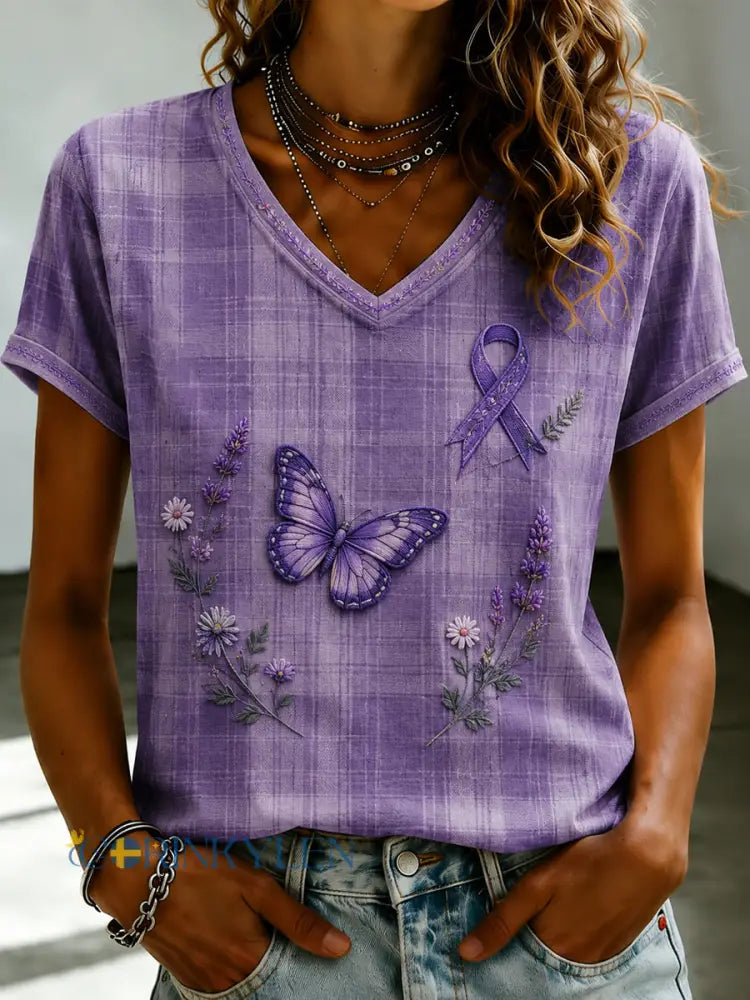 Damsvart Flora-konsttryckt t-shirt med v-ringning - som bild / S