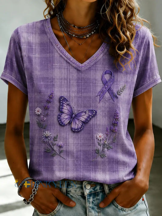 Damsvart Flora-konsttryckt t-shirt med v-ringning - som bild / S