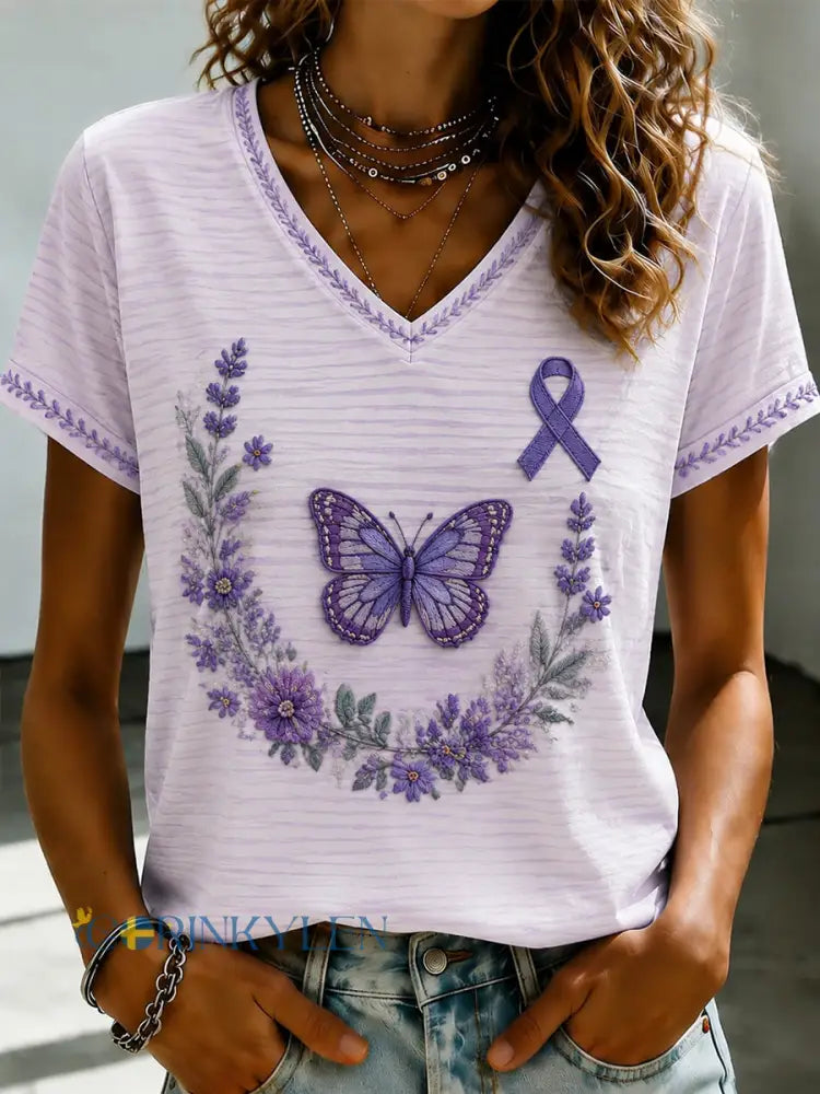 Damsvart Flora-konsttryckt t-shirt med v-ringning - som bild / S