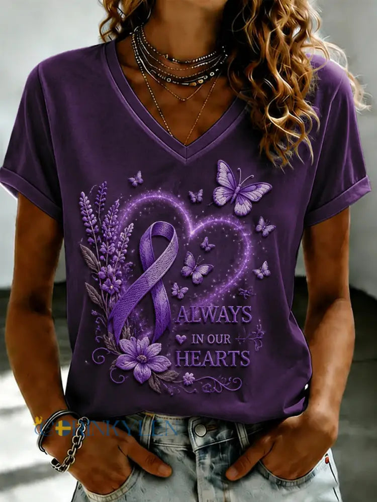 Damsvart Flora-konsttryckt t-shirt med v-ringning - som bild / S