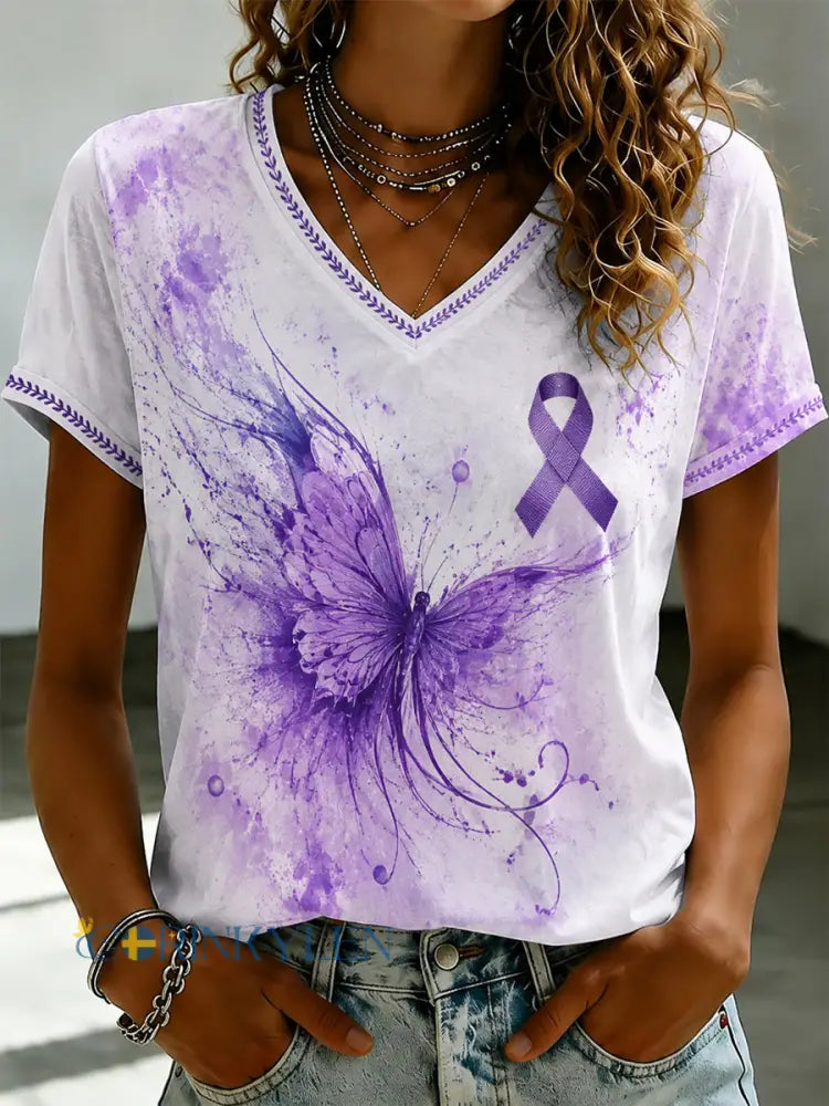 Damsvart Flora-konsttryckt t-shirt med v-ringning - som bild / S