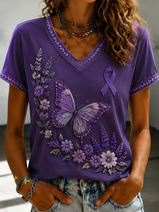 Damsvart Flora-konsttryckt t-shirt med v-ringning - som bild / S