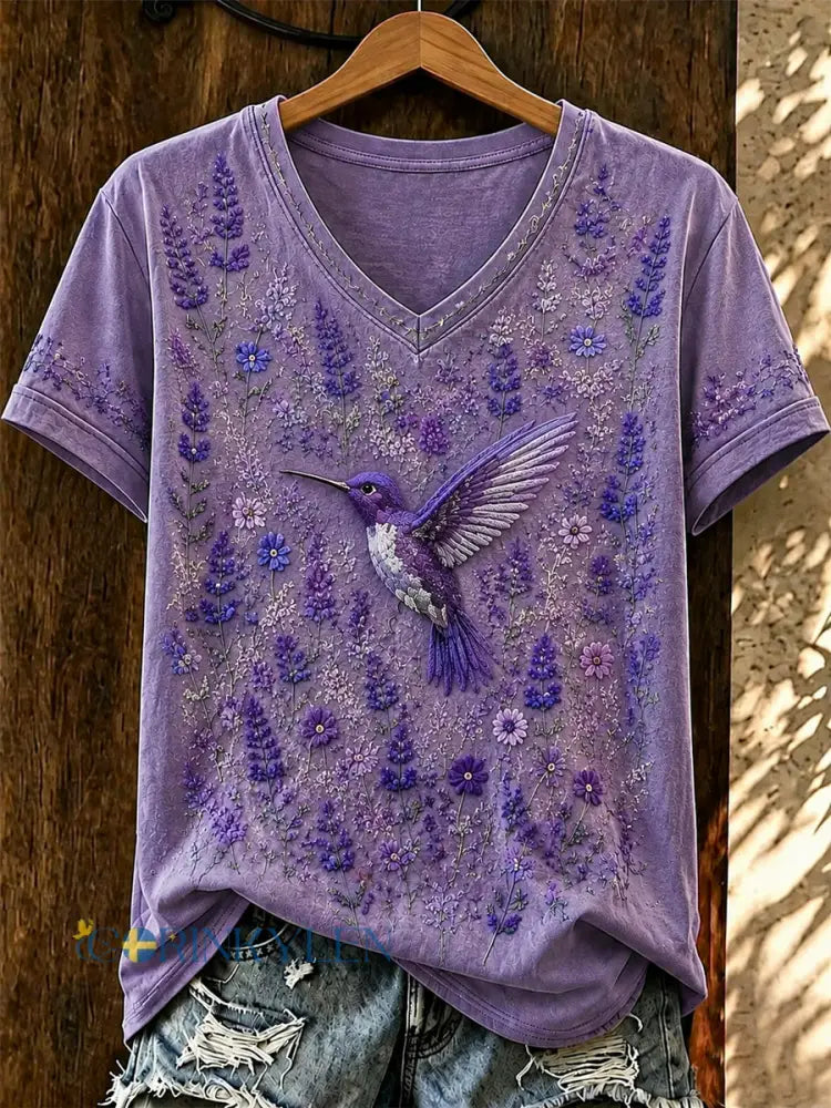 Damsvart Flora-konsttryckt t-shirt med v-ringning - som bild / S