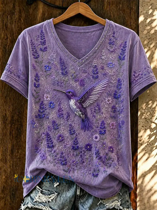 Damsvart Flora-konsttryckt t-shirt med v-ringning - som bild / S
