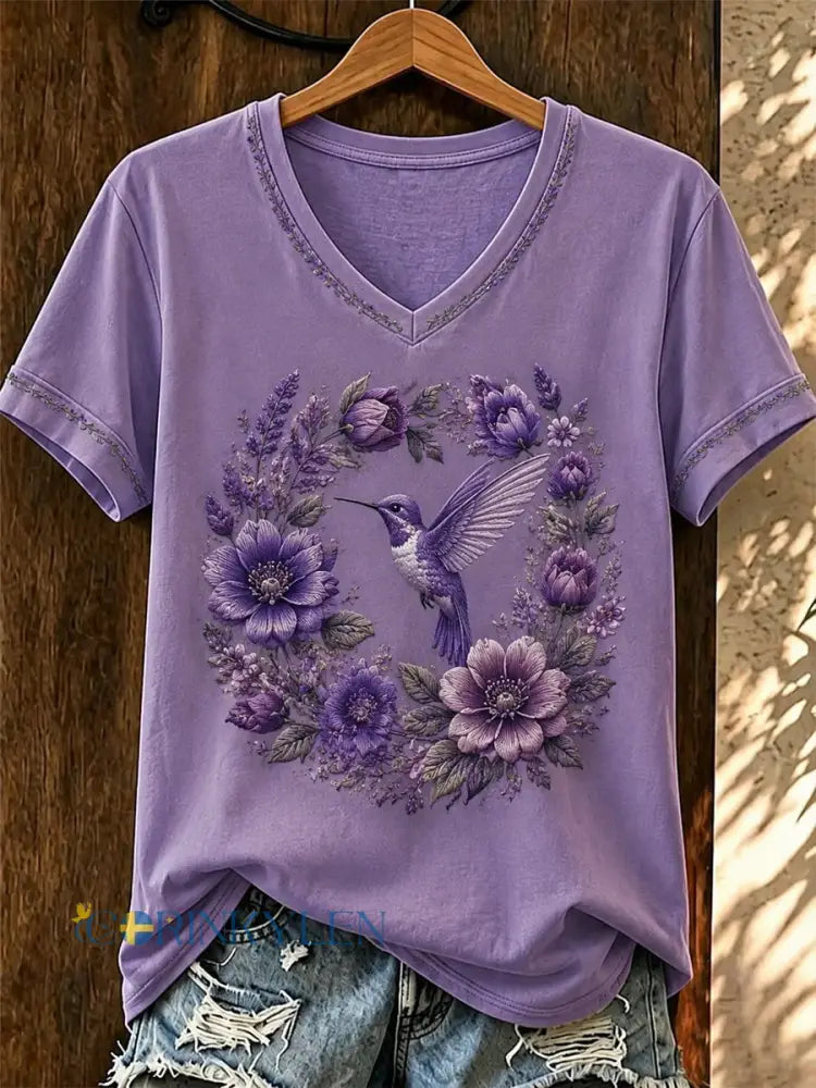 Damsvart Flora-konsttryckt t-shirt med v-ringning - som bild / S