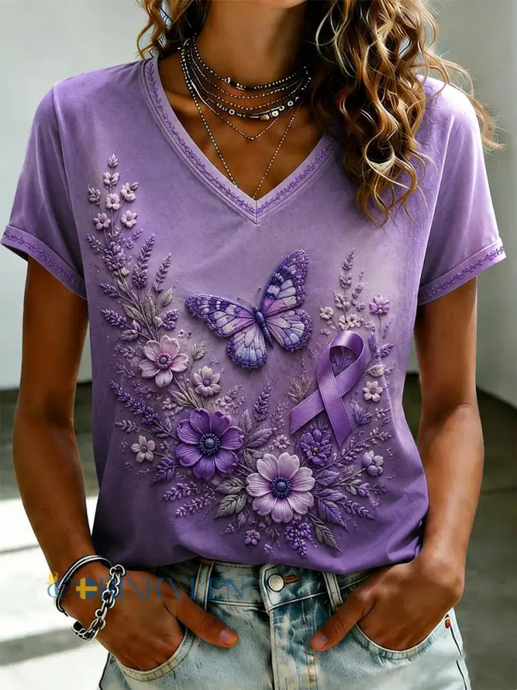 Damsvart Flora-konsttryckt t-shirt med v-ringning - som bild / S