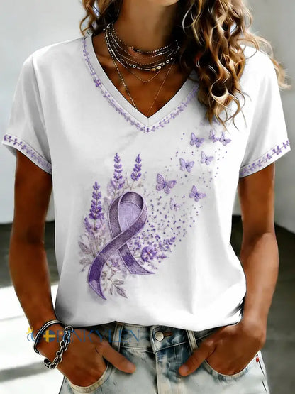 Damsvart Flora-konsttryckt t-shirt med v-ringning - vita / S