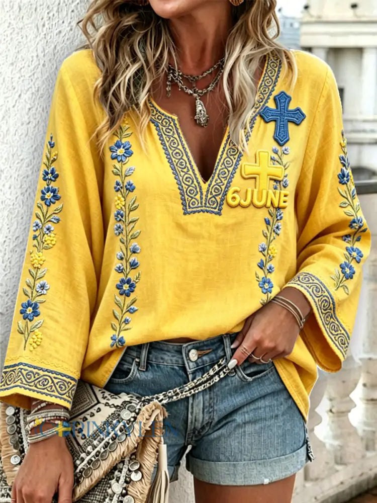 Damsvart gult svensk blommönstrat t-shirt för nationaldagen avslappnad stil med V-ringning och långa ärmar - gul / S