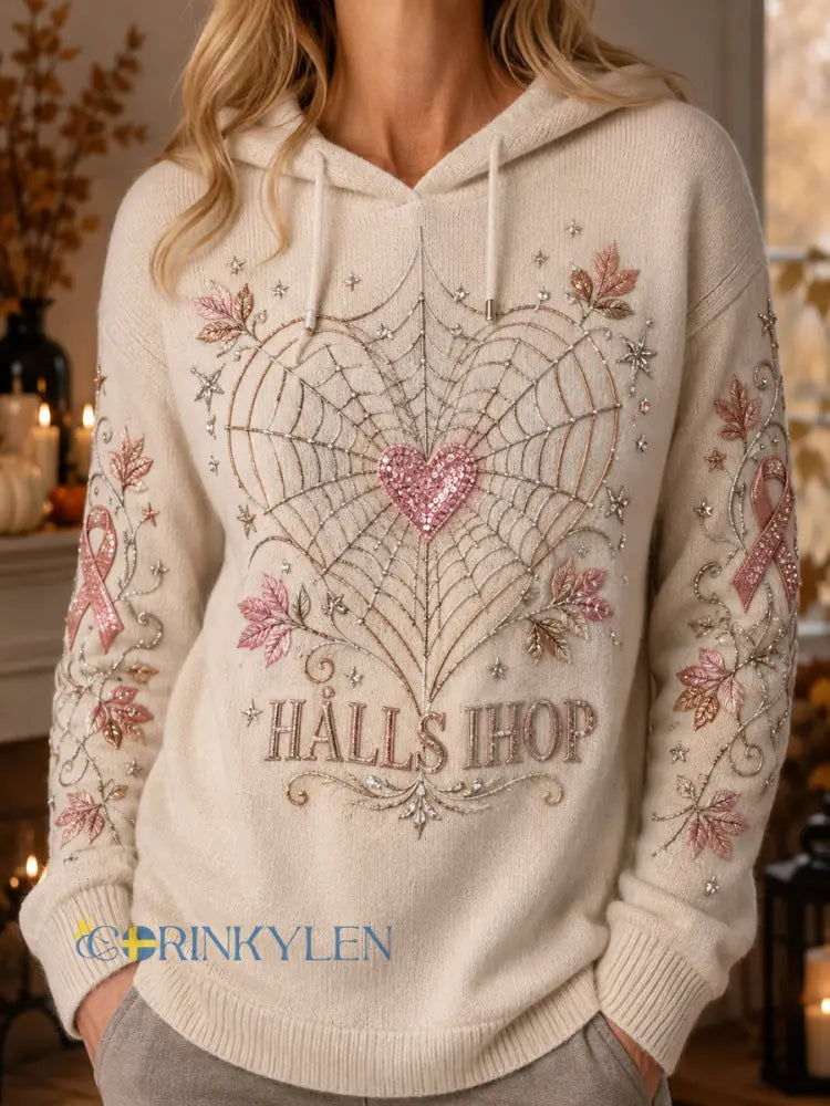 Damsvart halloween-hoodie med bröstcancermotiv och spindelnät i retrostil - som bild / S