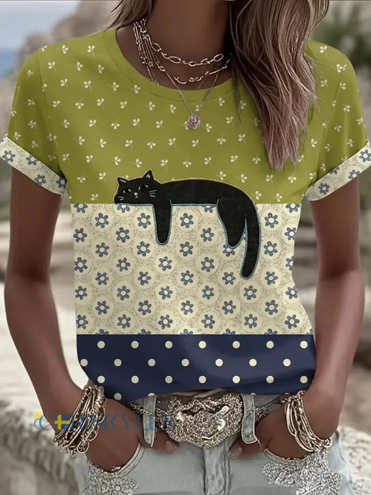 Damsvart katt med blommig grafik avslappnad t-shirt med korta ärmar - som bild / S