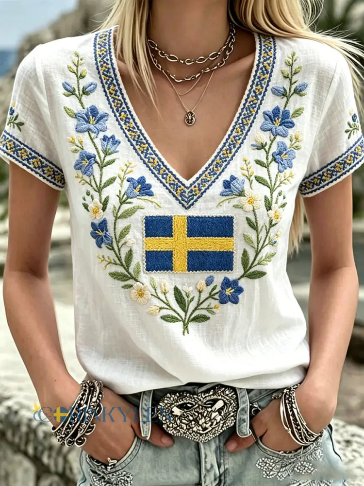 Damsvart t-shirt med svensk text om växter och blommor V-ringning avslappnad stil - som bild / S