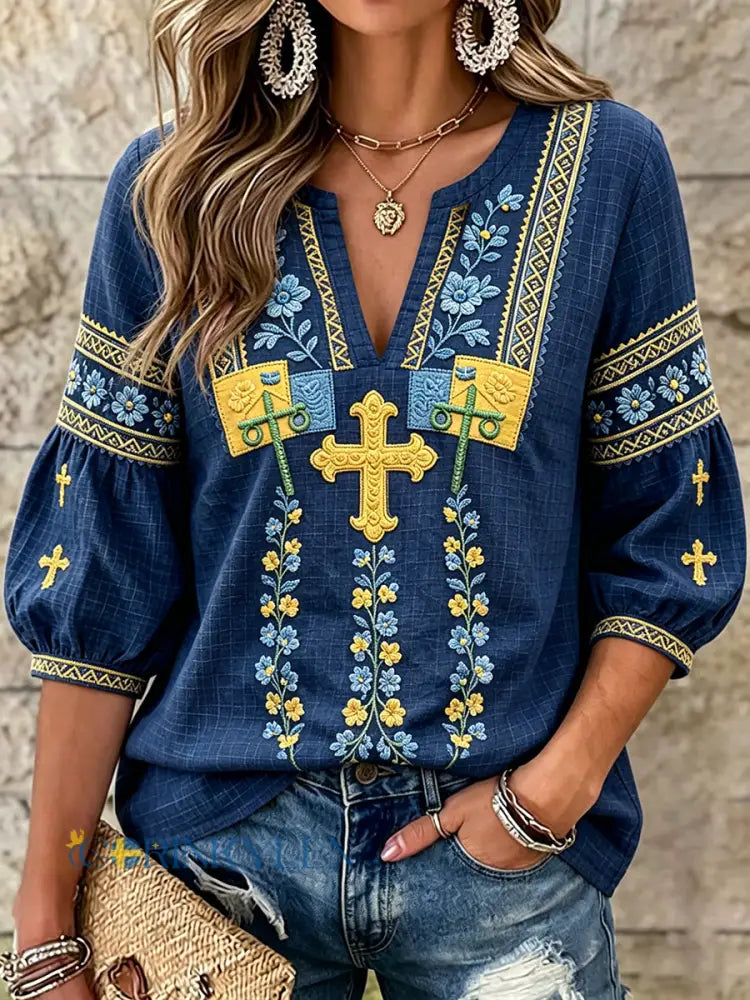 Damsvensk blommig midsommar 3D-tryckt avslappnad t-shirt med V-ringning - djupblåa / S