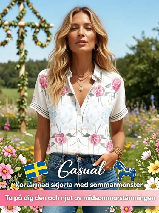 Damsvensk blommig tryckt casual skjorta med korta ärmar - vitt / S