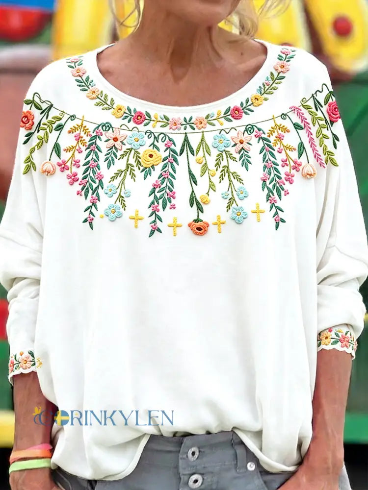 Damsvensk midsommarblommönstrad casual t-shirt med långa ärmar - vitt / S