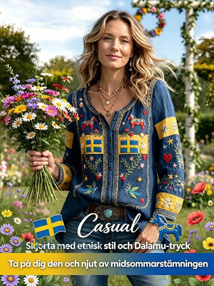 Damsvensk midsommarplagg med patchworkmönster och avslappnad stil i bomull-linne - mörk blå / S