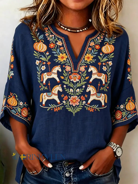 Damsvensk midsommartryck avslappnad t-shirt - som bild / S
