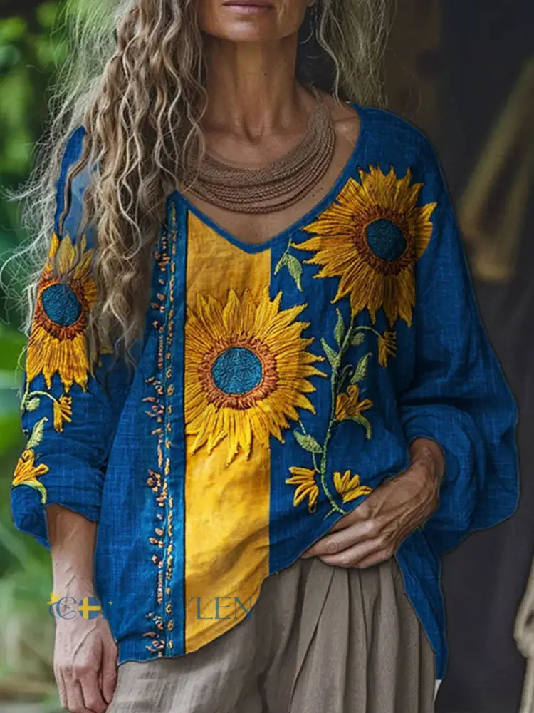 Damsverige blommiga konsttryck linne avslappnade toppar - som bild / S