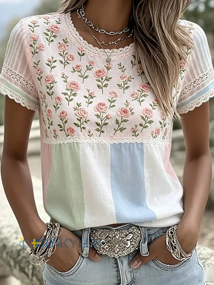 Damsvintag t-shirt med blommigt konsttryck och bekväm passform - A / S