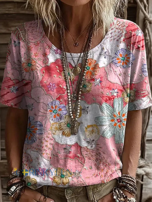 Damsvintag t-shirt med blommigt konsttryck och bekväm passform - A / S