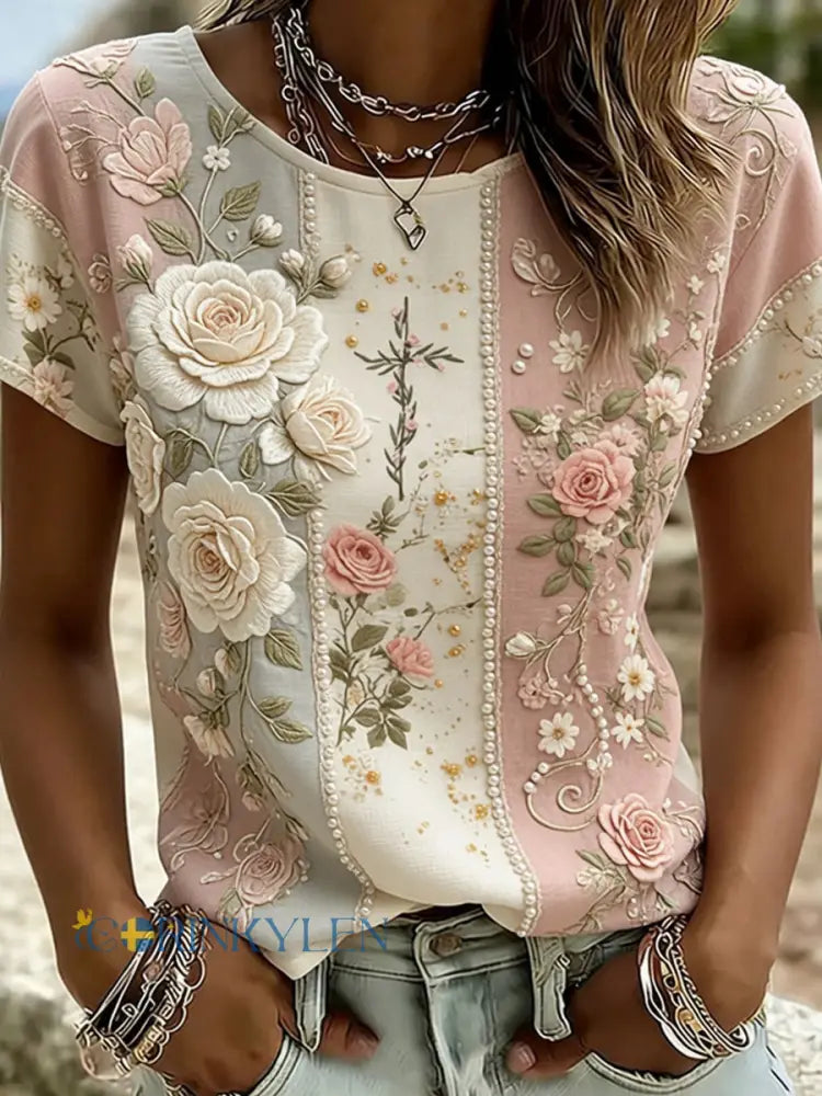 Damsvintag t-shirt med blommigt konsttryck och bekväm passform - A / S