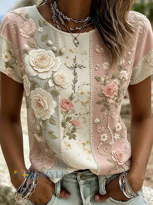 Damsvintag t-shirt med blommigt konsttryck och bekväm passform - A / S