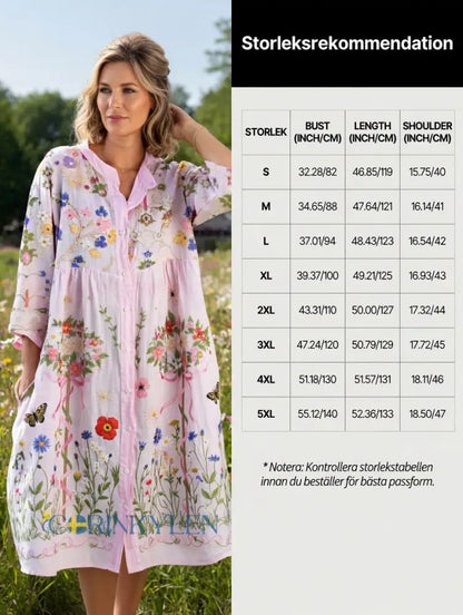 Damsvintage midsommarblommig konsttryckt ledig klänning i bomull-linntyg