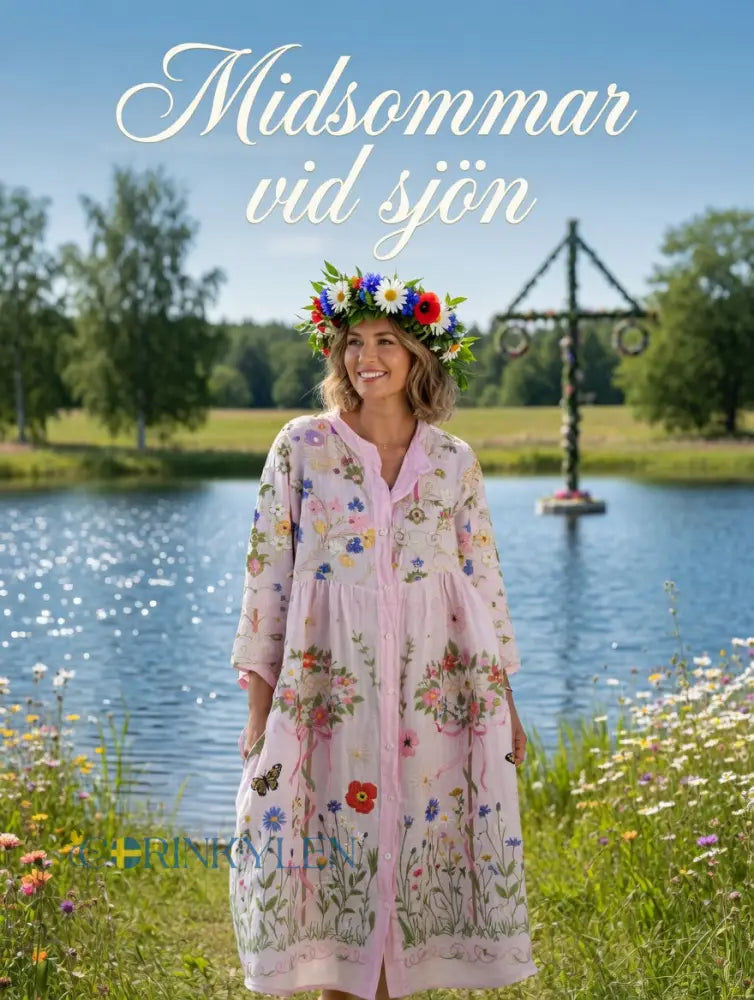 Damsvintage midsommarblommig konsttryckt ledig klänning i bomull-linntyg