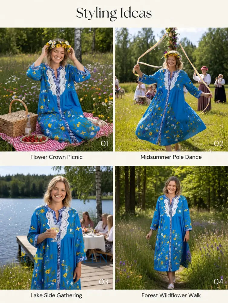 Damsvintage midsommarblommig konsttryckt ledig klänning i bomull-linntyg