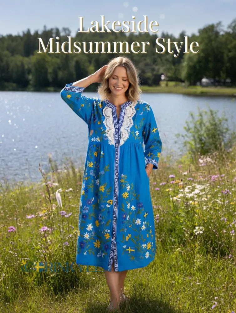 Damsvintage midsommarblommig konsttryckt ledig klänning i bomull-linntyg - A / S