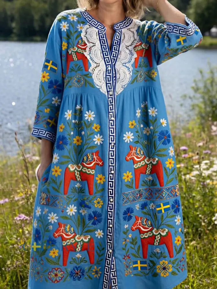 Damsvintage midsommarblommig konsttryckt ledig klänning i bomull-linntyg - A / S