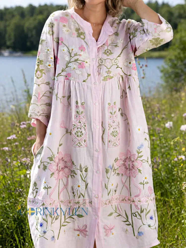 Damsvintage midsommarblommig konsttryckt ledig klänning i bomull-linntyg - A / S