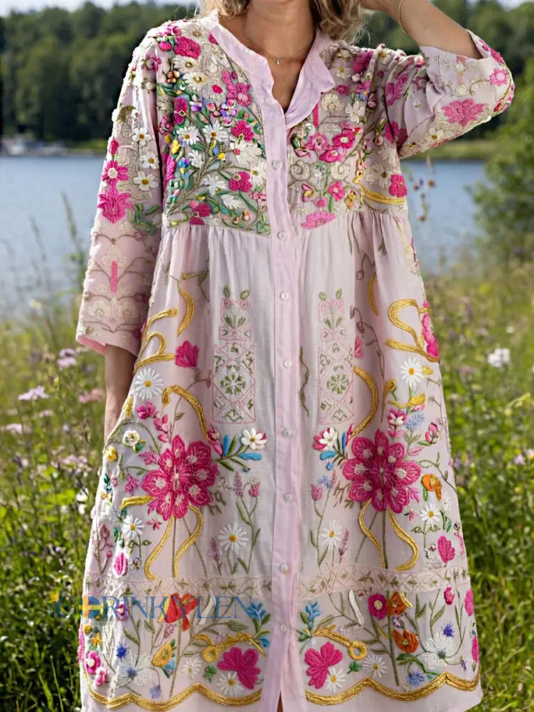 Damsvintage midsommarblommig konsttryckt ledig klänning i bomull-linntyg - A / S