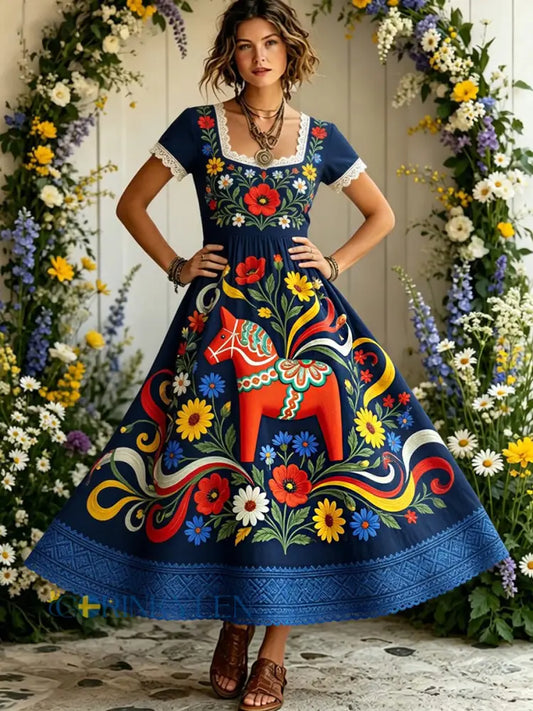 Damsvintage midsommarblommig konsttryckt ledig klänning i bomull-linntyg - A / S