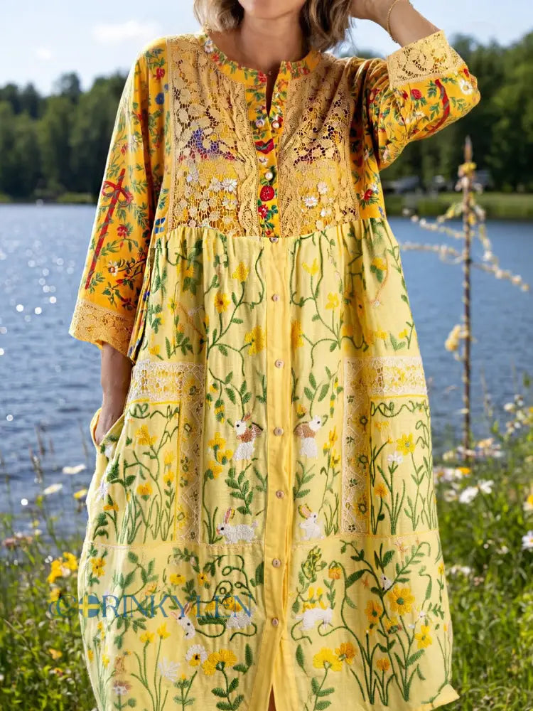 Damsvintage midsommarblommig konsttryckt ledig klänning i bomull-linntyg - A / S