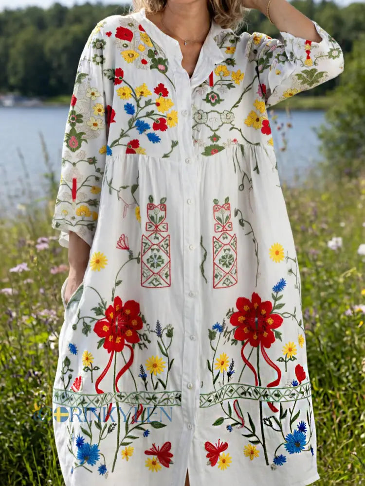 Damsvintage midsommarblommig konsttryckt ledig klänning i bomull-linntyg - A / S