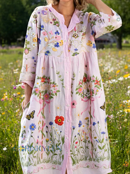 Damsvintage midsommarblommig konsttryckt ledig klänning i bomull-linntyg - A / S