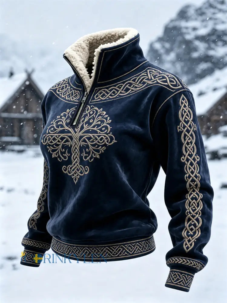 Damsweater i vintagevikingastil med livets träd keltisk knut och pälskrage - djupblåa / S