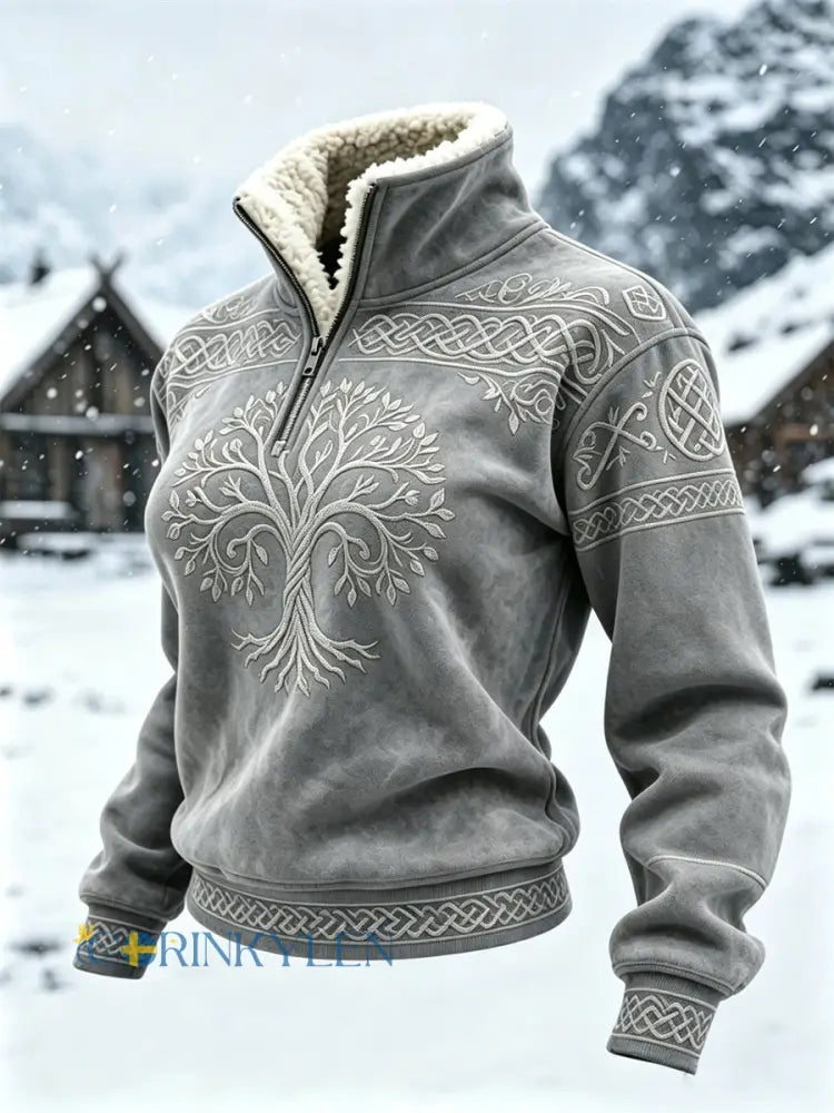 Damsweater i vintagevikingastil med livets träd keltisk knut och pälskrage - grå / S