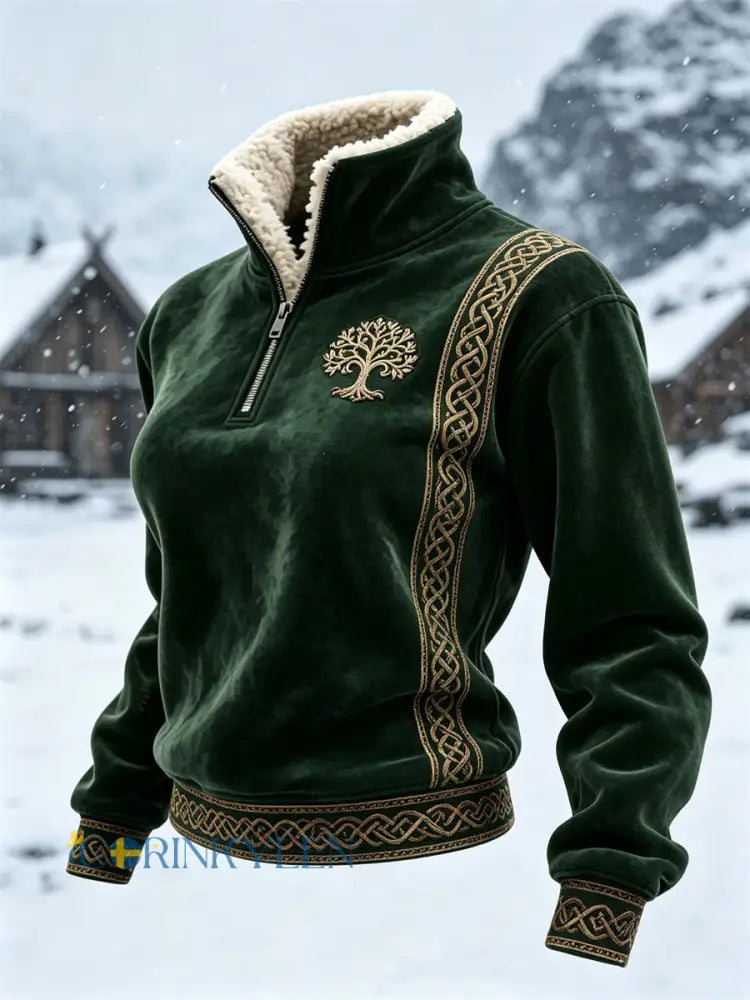 Damsweater i vintagevikingastil med livets träd keltisk knut och pälskrage - mörk gröna / S