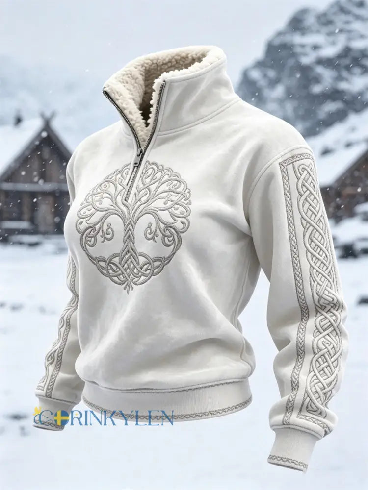 Damsweater i vintagevikingastil med livets träd keltisk knut och pälskrage - vitt / S