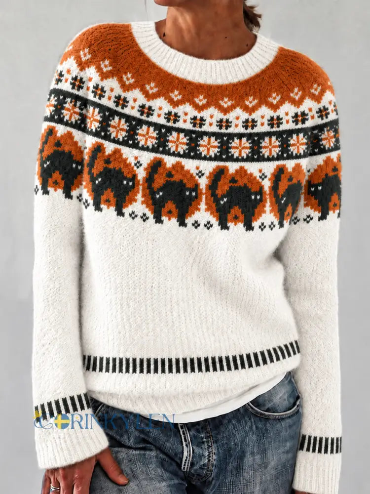 Damsweater med långa ärmar och rund halsringning Fair Isle-mönster med läskig svart katt - som bild / S