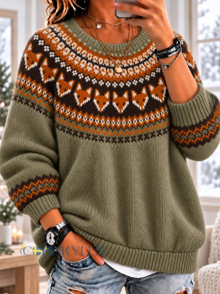 Damsweater med nordisk inspiration höstig rävbrodyr och luddig rundhals - som bild / S